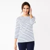 Petite Croft & Barrow® Essential Three Quarter Sleeve Boatneck Top -Croft And Barrow Sales Store 4974857 Clean White Stripe