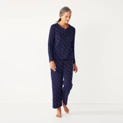 Women's Croft & Barrow® Textured Knit Henley Long Sleeve Pajama Top & Pajama Pants Sleep Set