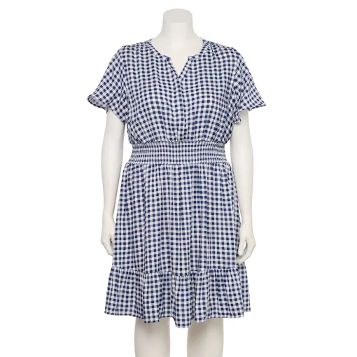 Plus Size Croft & Barrow® Smocked Waist Challis Dress -Croft And Barrow Sales Store 5510668 Navy White Gingham