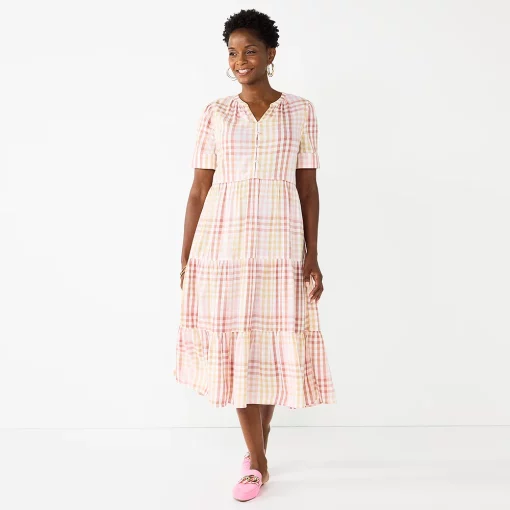 Women's Croft & Barrow® Tiered Midi Dress -Croft And Barrow Sales Store 5835242 Brown Plaid